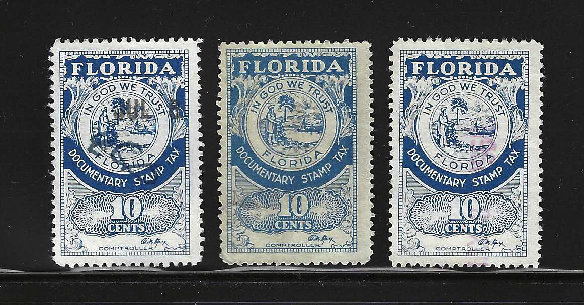 FL documentary D25 10¢ U VF, 3 stamps of slightly diff. shade