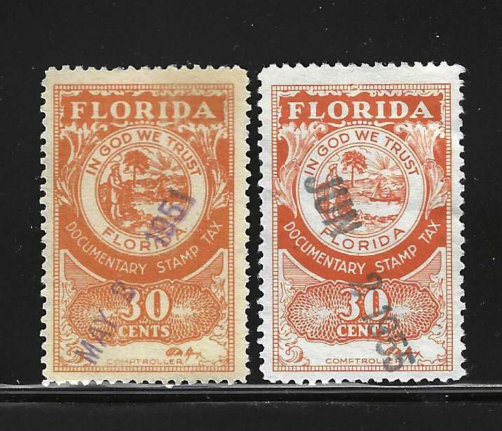 FL documentary D26 30¢ U VF, 2 stamps of slightly diff. shade