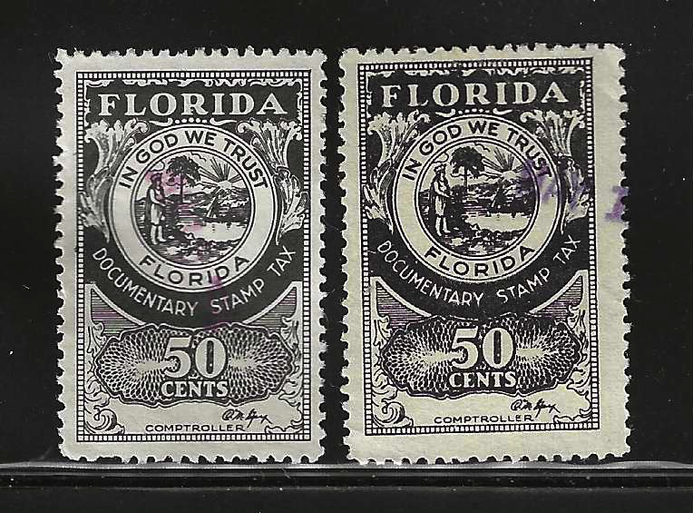FL documentary D27 50¢ U VF, 2 stamps of slightly diff. shade 