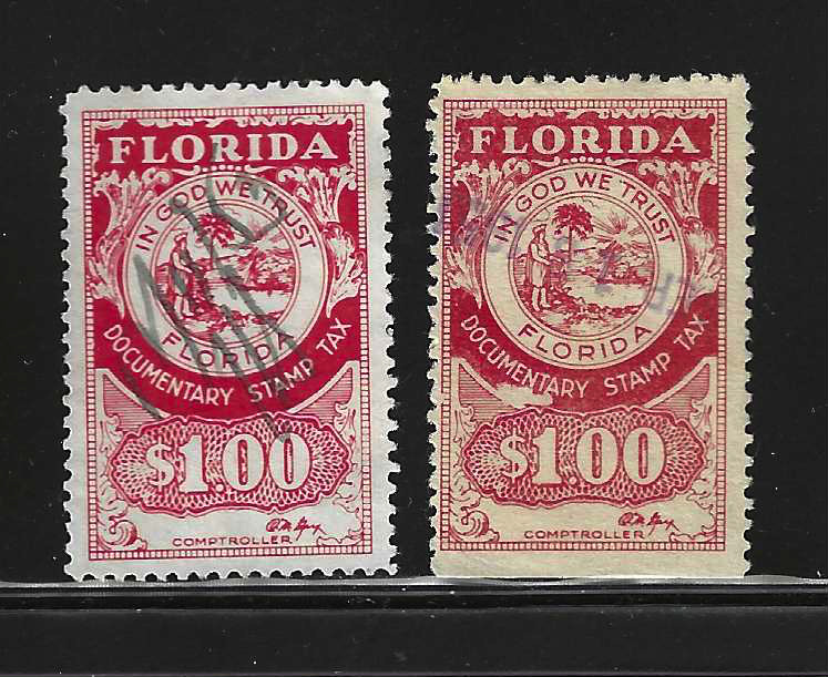 FL documentary D28 $1.00 U VF, 2 stamps of slightly diff. shade and one w/ SE at B 