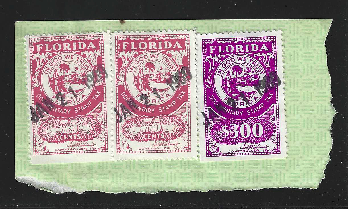 FL documentary Dickinson-large sig D71 75¢ horz pair & D73 $3.00 tied to piece  U VF w/ 2 SE's