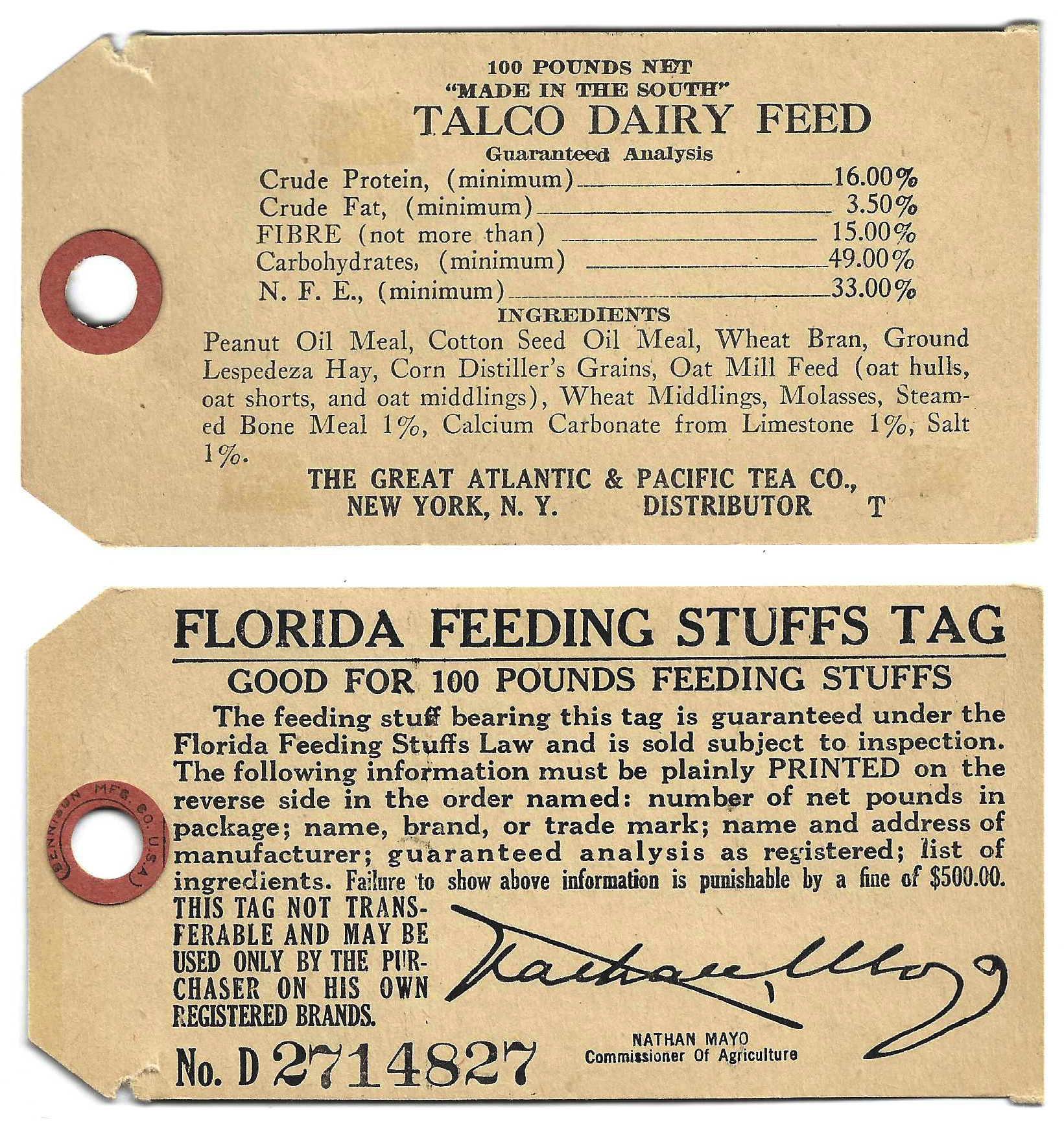 FL feed tag FET 13 100 lbs U VF w/ Talco Dairy Feed imprint on reverse