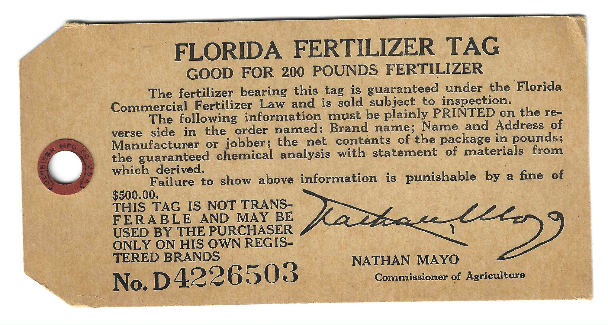 FL fertilizer tag FTT1 200 lbs black on manila MNH VF