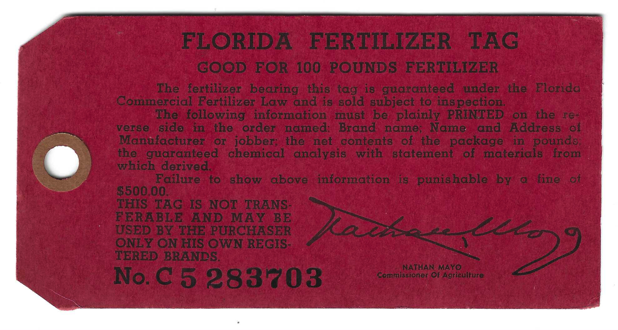 FL fertilizer tag FTT3 100 lbs black on red MNH VF
