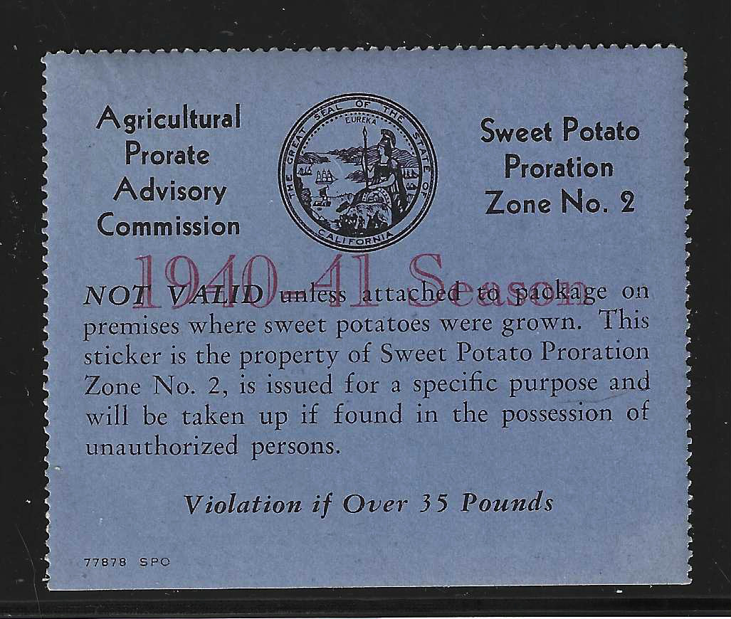 CA sweet potato SP81 1940-41 proration zone 2 MNH VF w/ SE at B