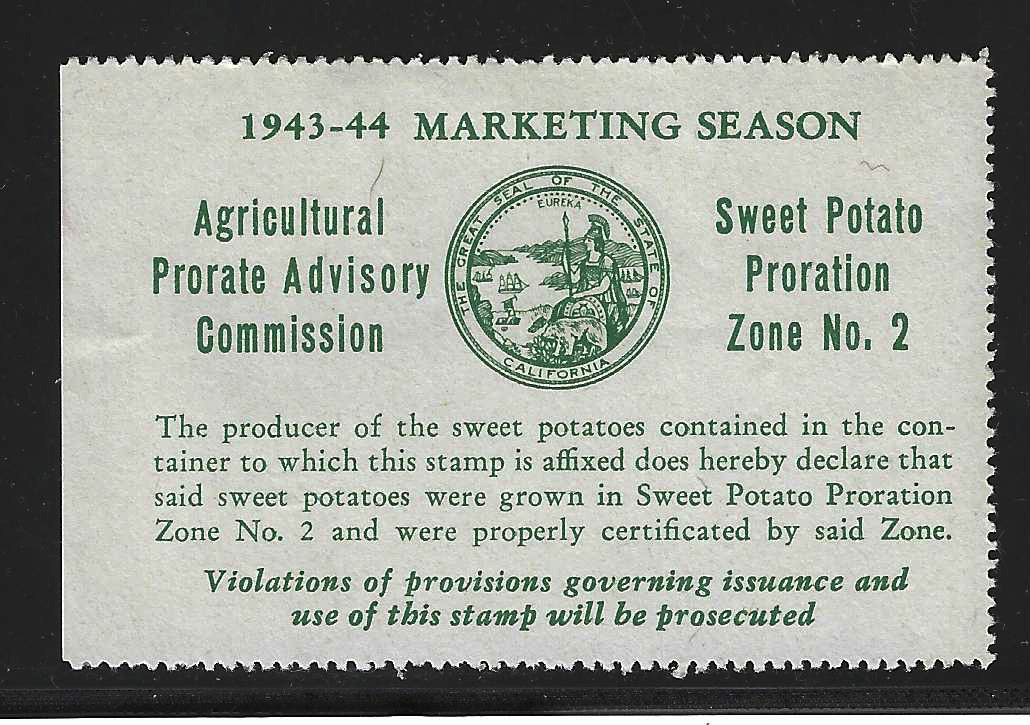CA sweet potato SP132 1943-44 proration zone 2 MNH VF w/ SE at L