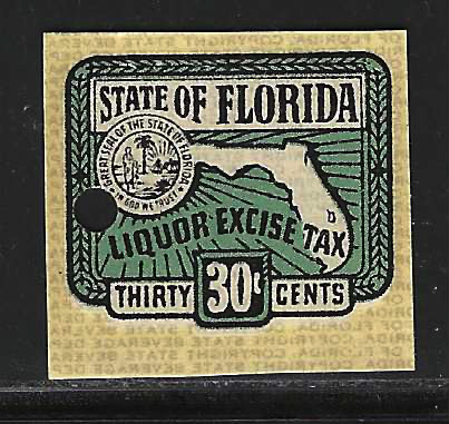 Fl liquor L37S 30¢ green & white MNH VF w/ punched hole