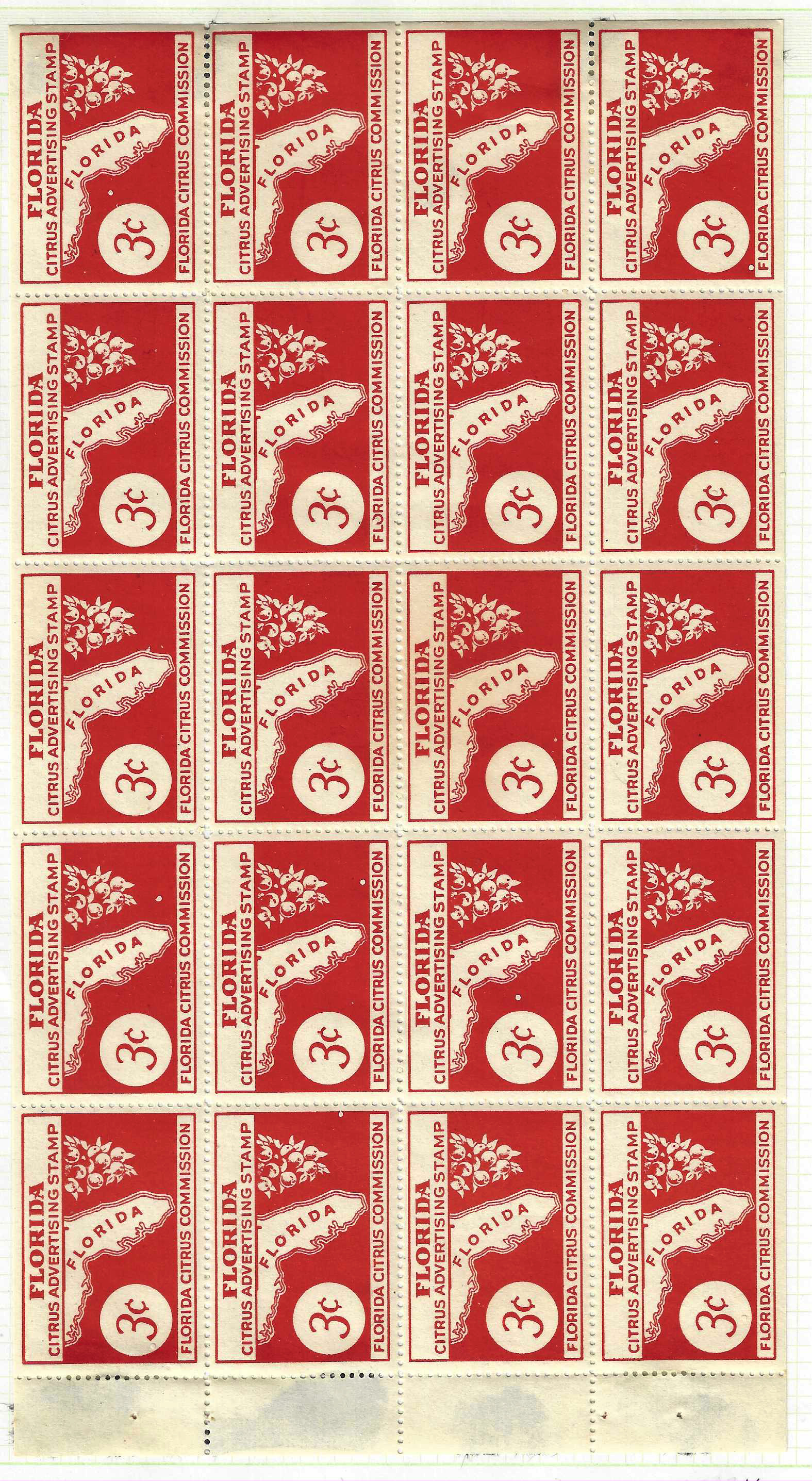Fl citrus advertizing CFA16 red 3¢ sheet/24 hinged to album page MH VF 