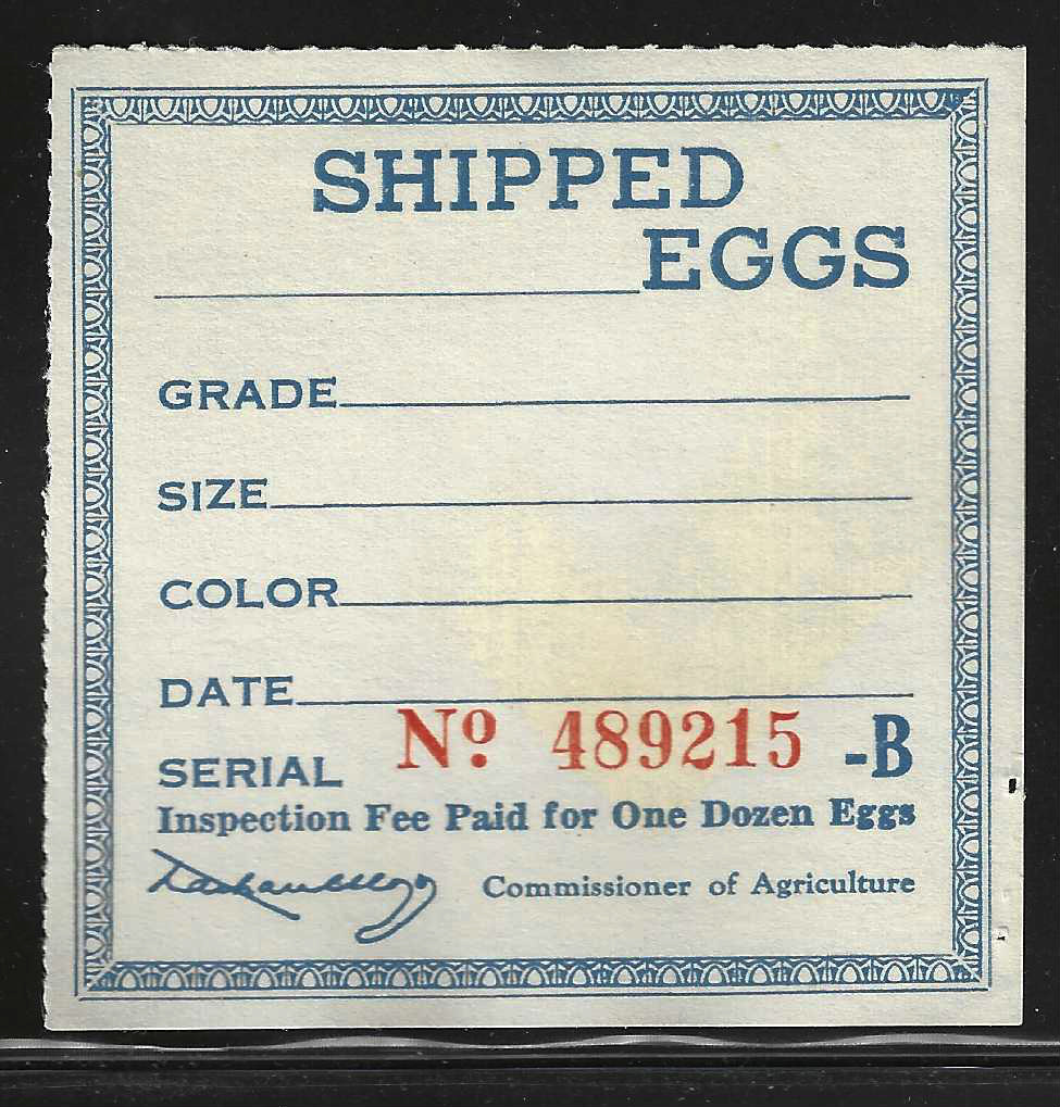 Fl egg carton E7 Shipped Eggs (-B) blue MLH VF w/ staple hole at R corner