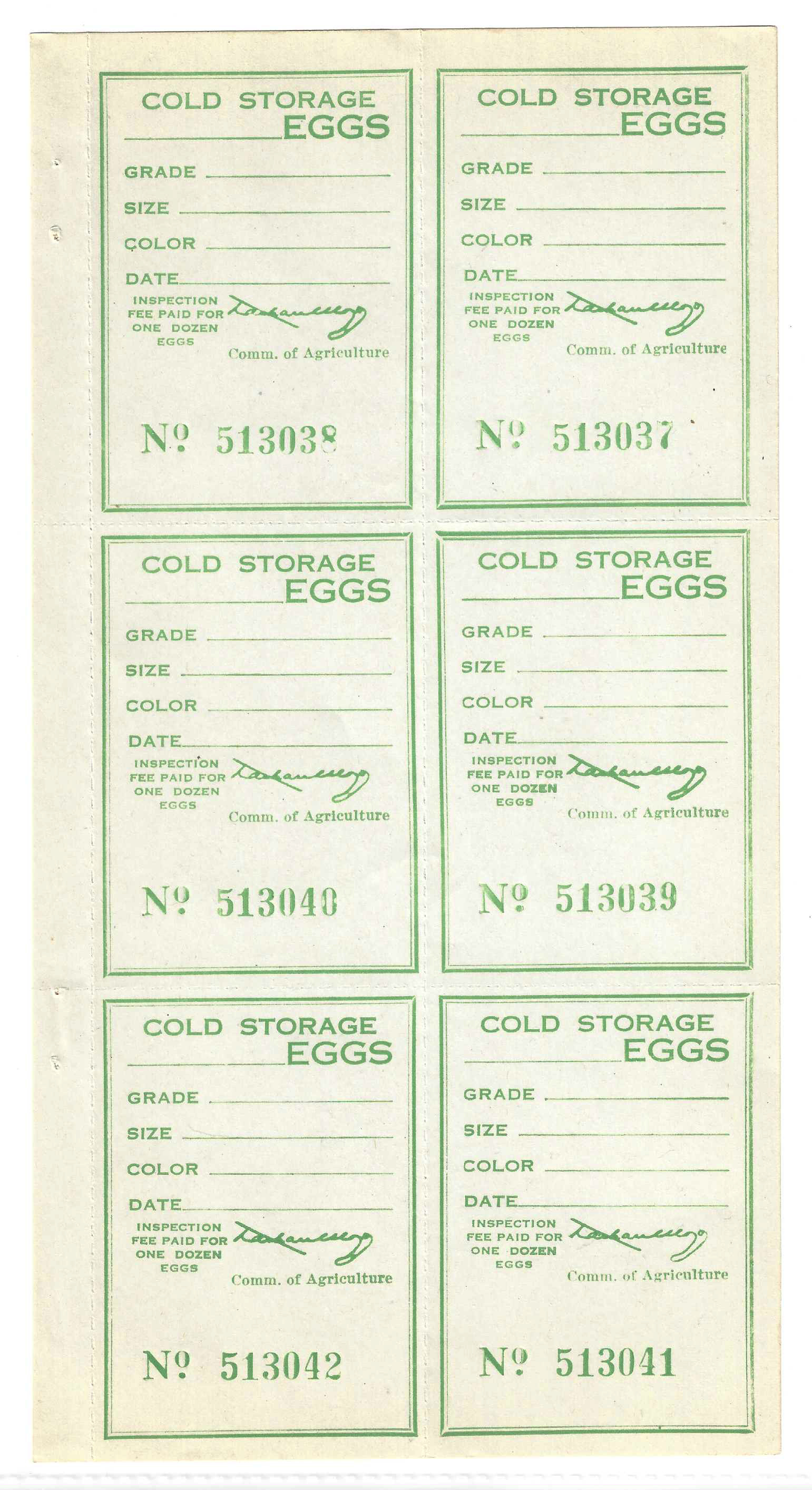 Fl egg carton E13 Cold Storage Eggs green sheet/6 MNH VF 