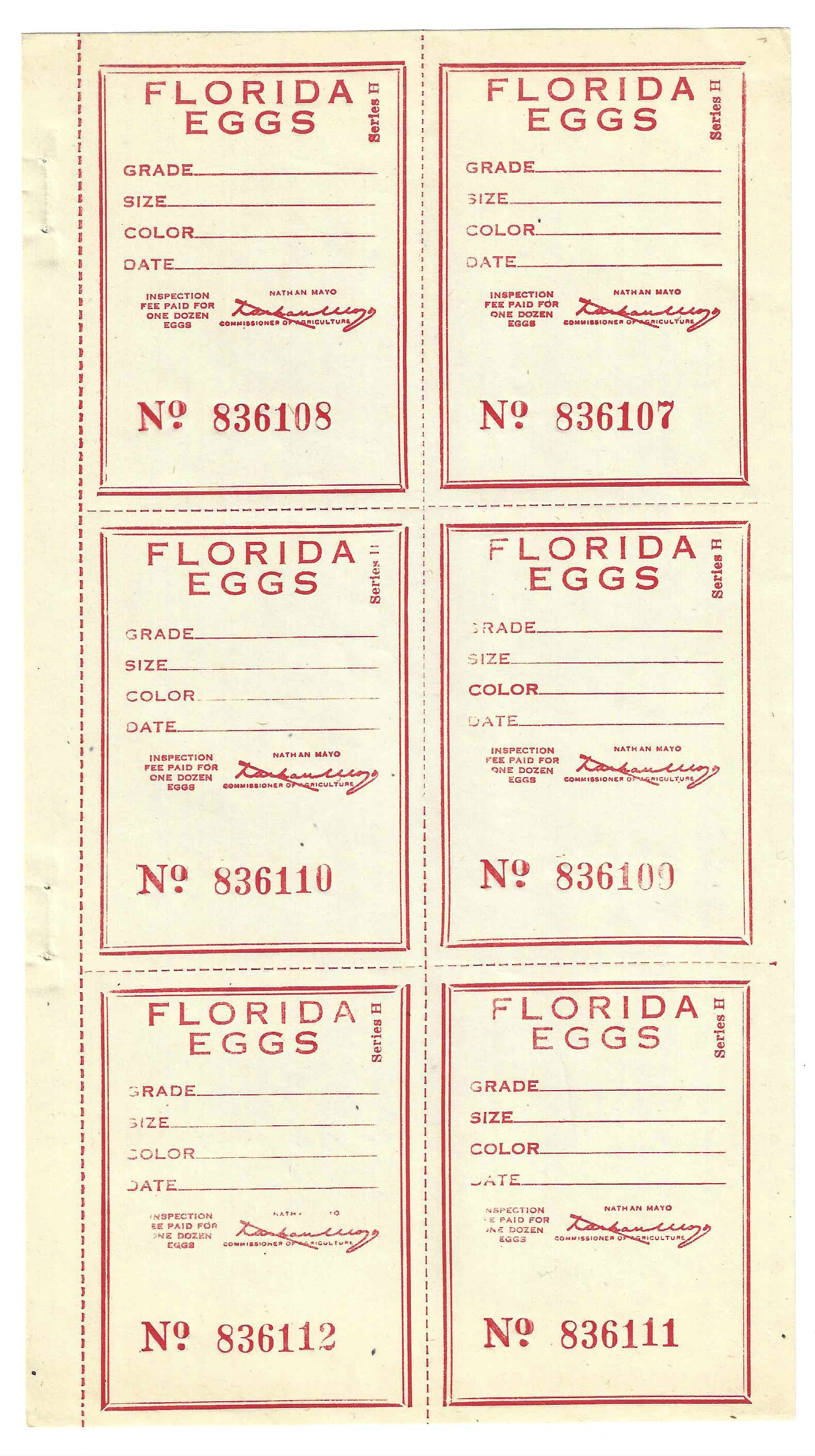Fl egg carton E18 Florida Eggs Series H sheet/6 red MNH VF