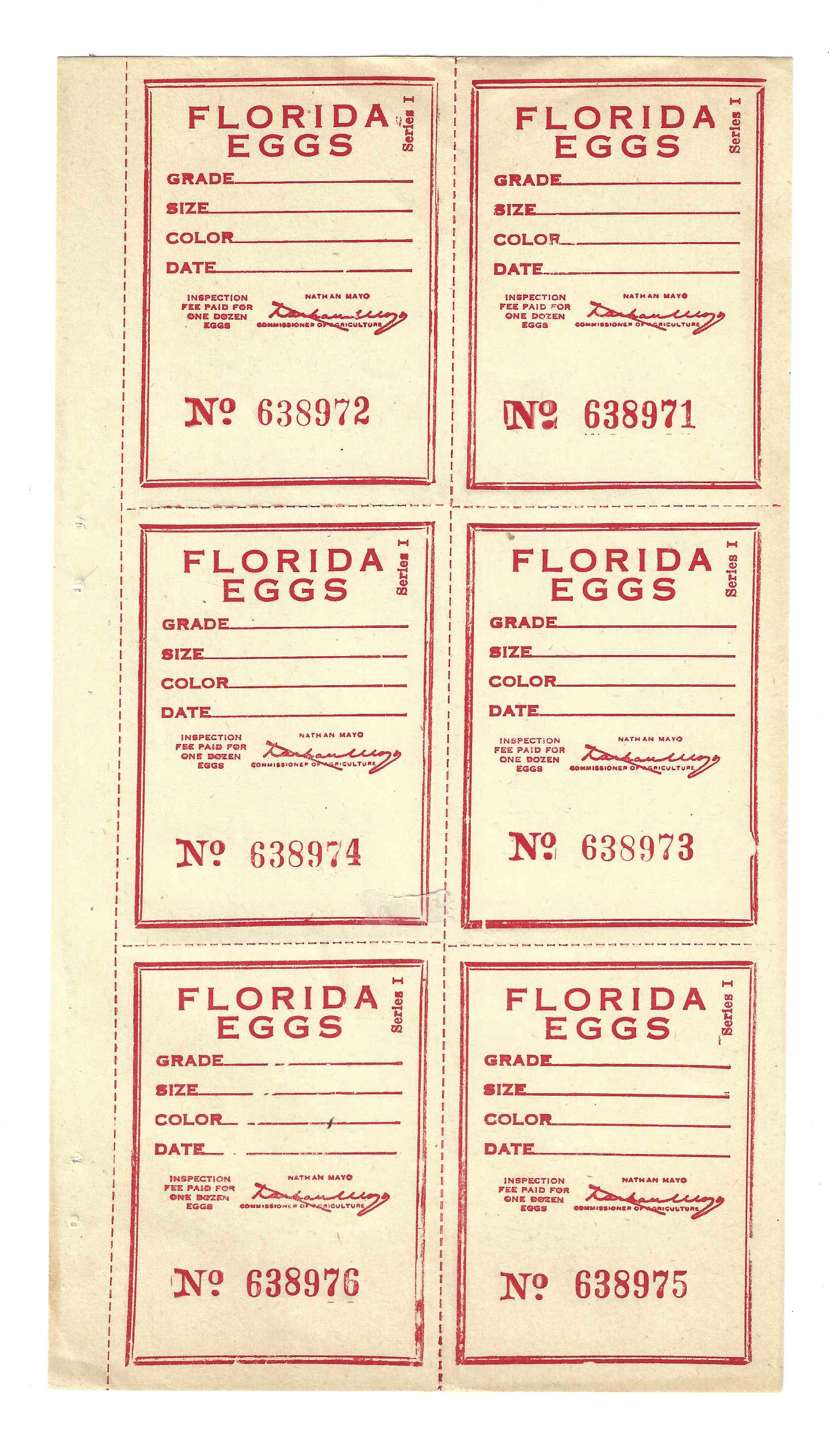 Fl egg carton E18 Florida Eggs Series I sheet/6 red MNH VF