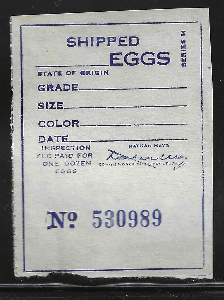 Fl egg carton E31 Shipped Egg State of Origin blue MNH VF w/ small piece at margin missing