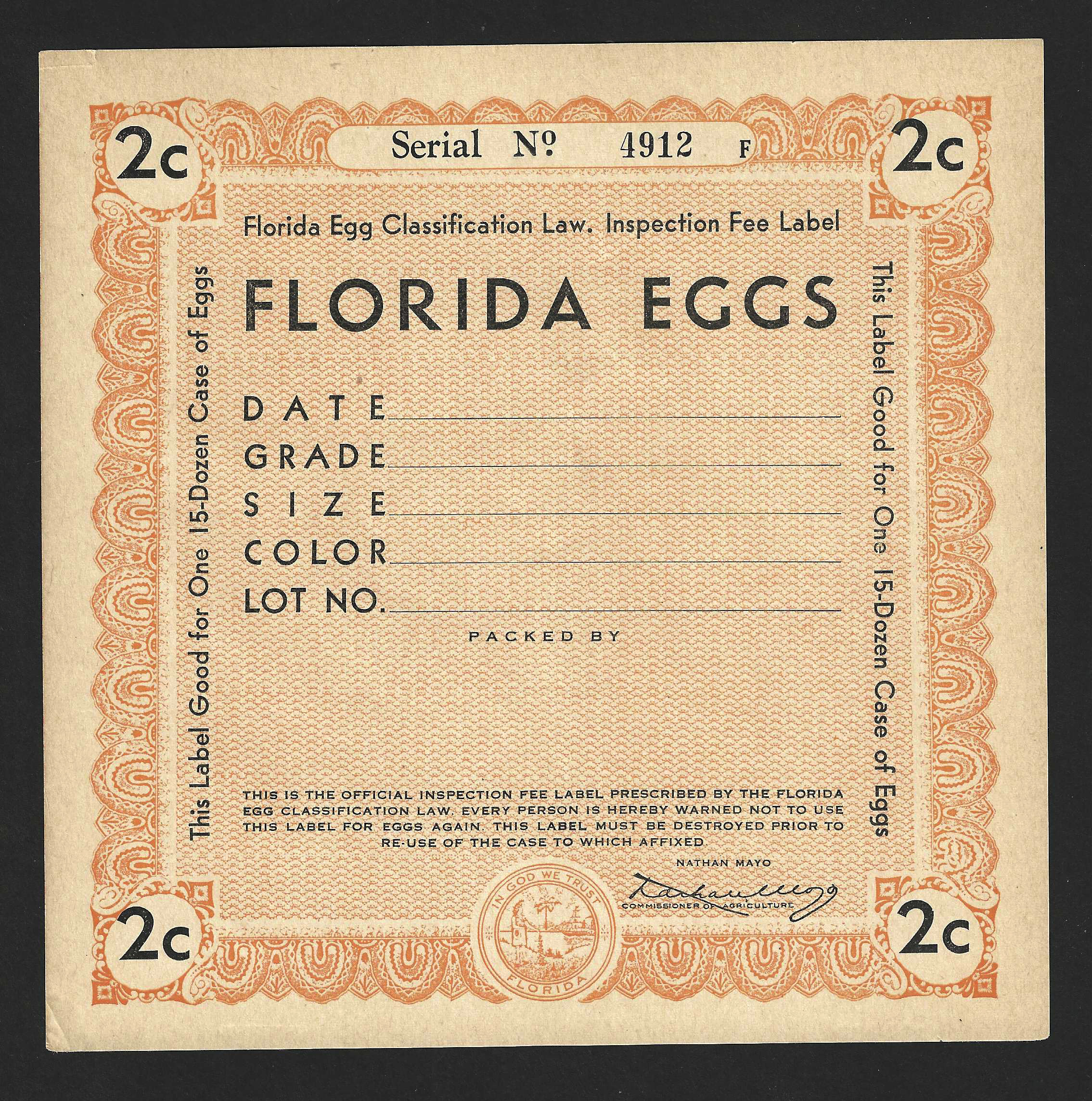 Fl egg case E82 2¢ orange MNH VF not priced as mint