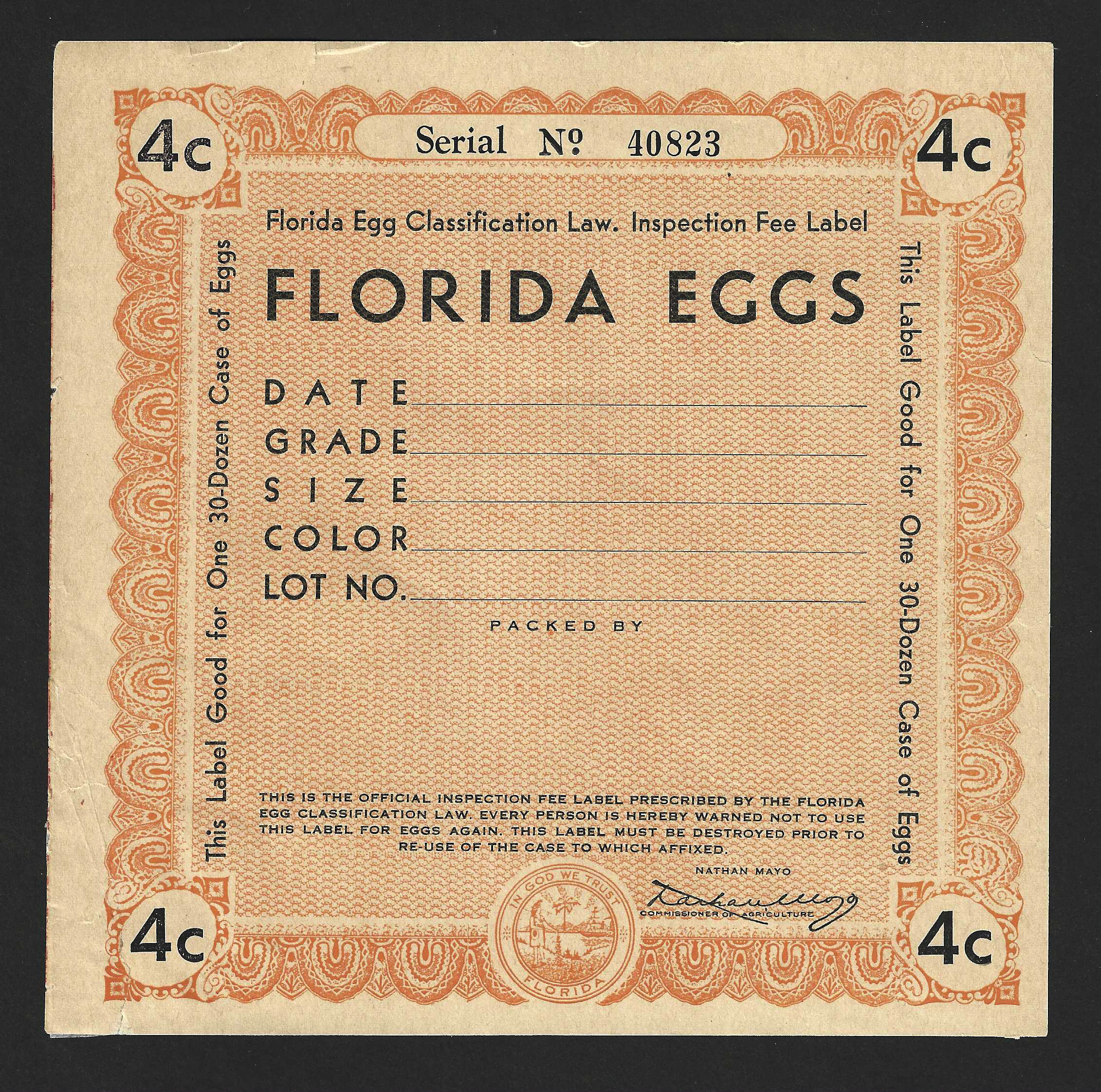 Fl egg case E83 4¢  Florida Egg (F) orange MNH VF not priced as mint w/ damaged & repair LL corner