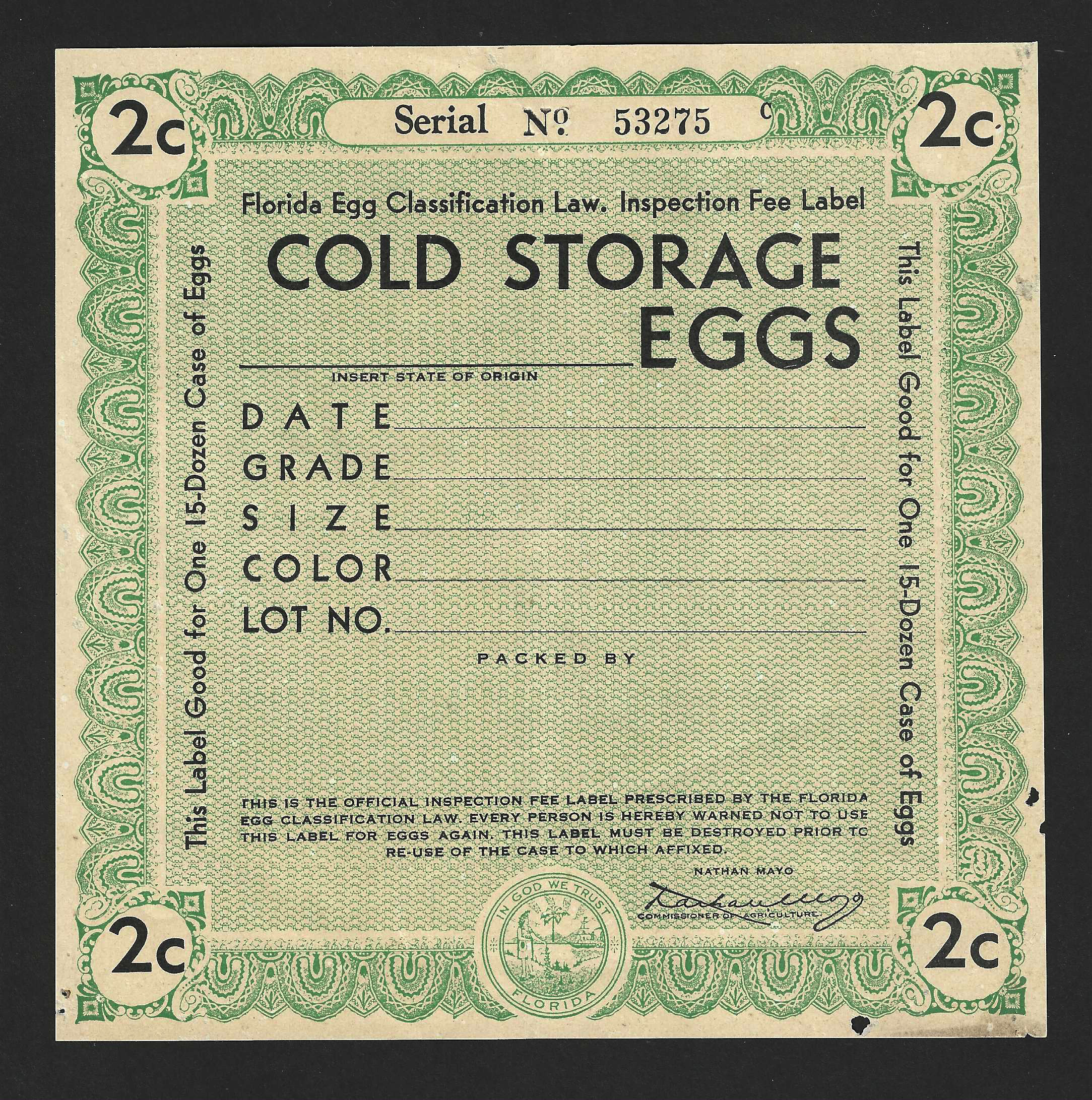 Fl egg case E84 2¢ Cold Storage Eggs (C)  green MNH VF w/ narrow margins & several small holes