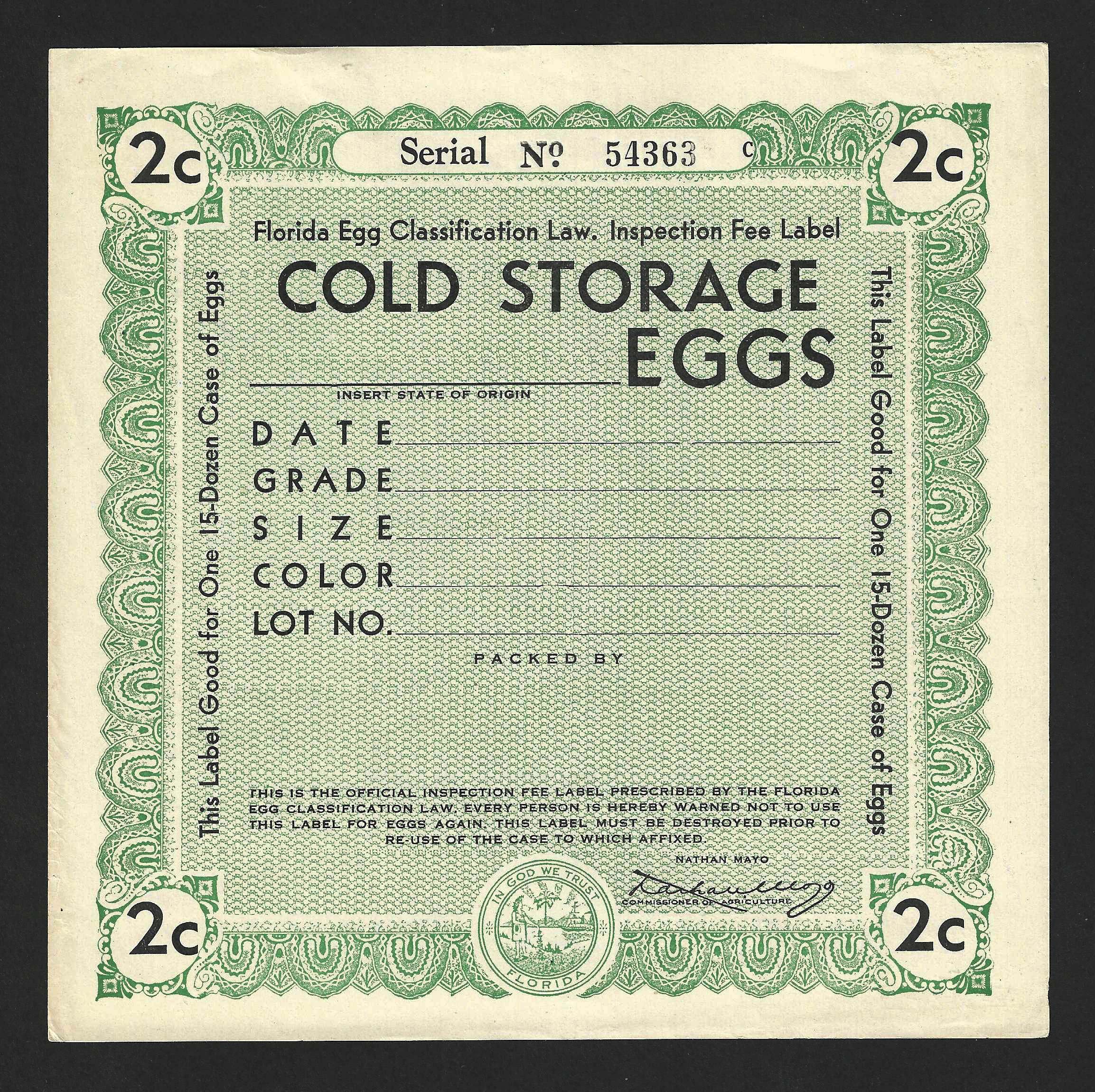 Fl egg case E84 2¢ Cold Storage Eggs (C)  green MNH VF w/ slight toningnot priced as mint
