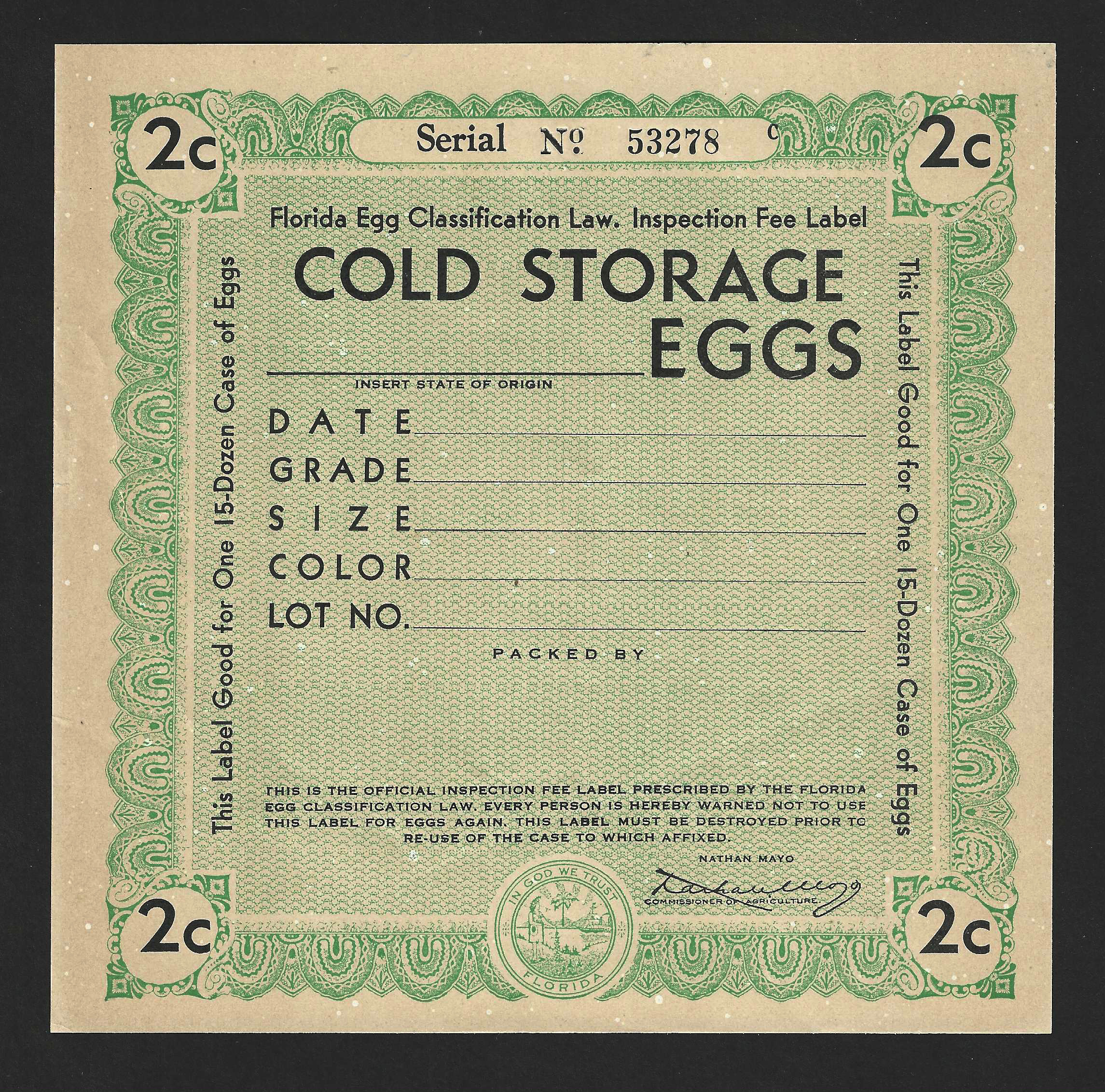 Fl egg case E84 2¢ Cold Storage Eggs (C)  green MNH VF w/ slight toning not priced as mint