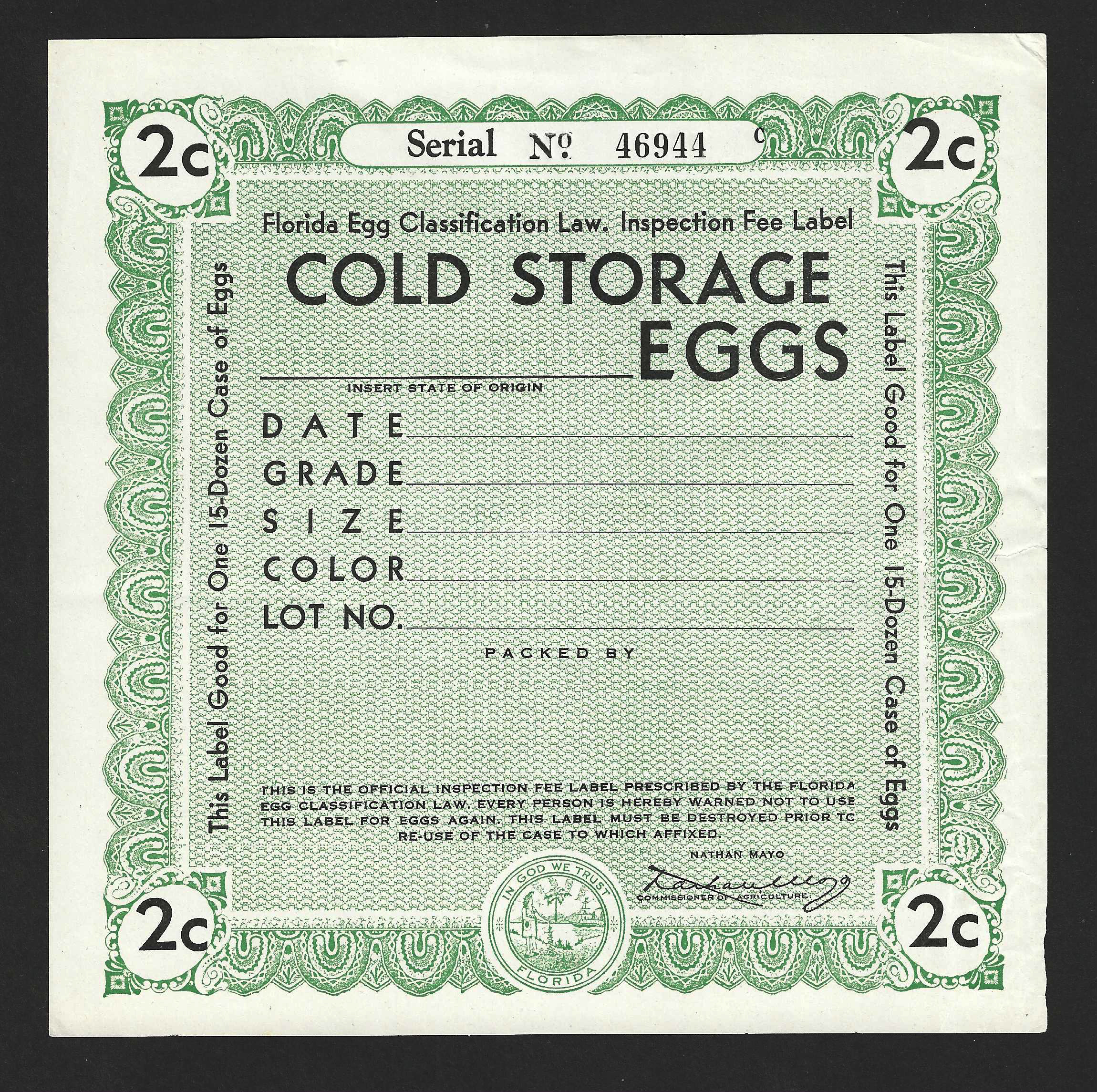 Fl egg case B84 2¢ Cold Storage Eggc(C) green MNH VF on bright white paper & small  sealed tear