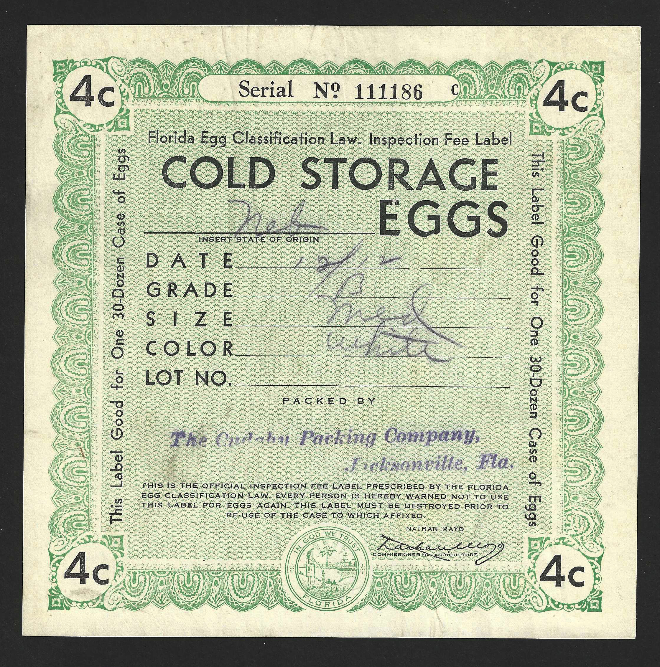 Fl egg case E85 4¢ Cold Storage Eggs (C) green U VF