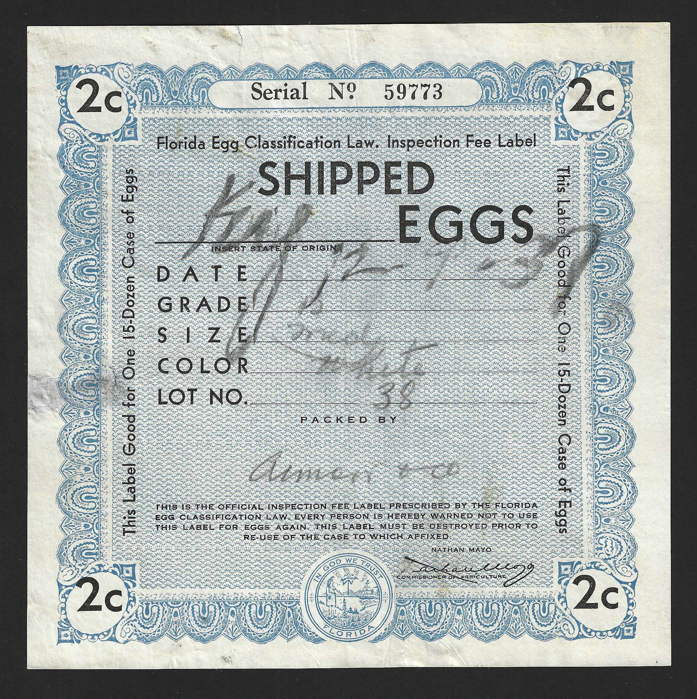 Fl egg case E86 2¢ Shipped Eggs blue U VF w/ small thin unpriced in catalog