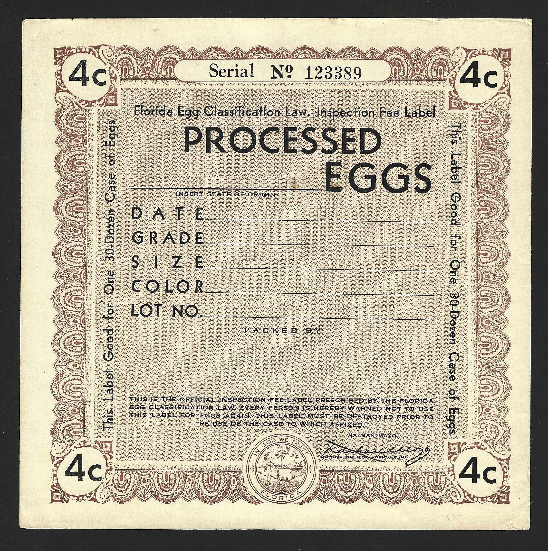 Fl egg case E88 4¢ Processed Eggs brown MNH VF unpriced in catalog 
