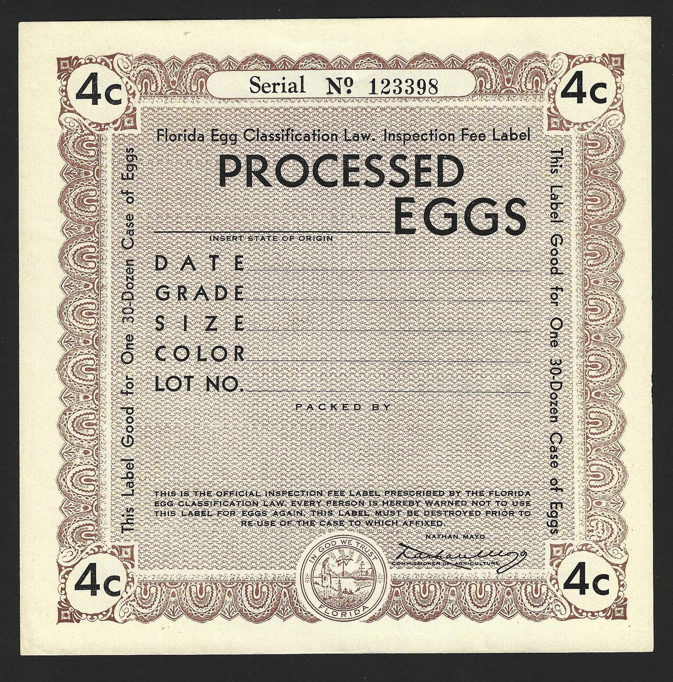 Fl egg case E88 4¢ Processed Eggs brown MNH VF unpriced in catalog 
