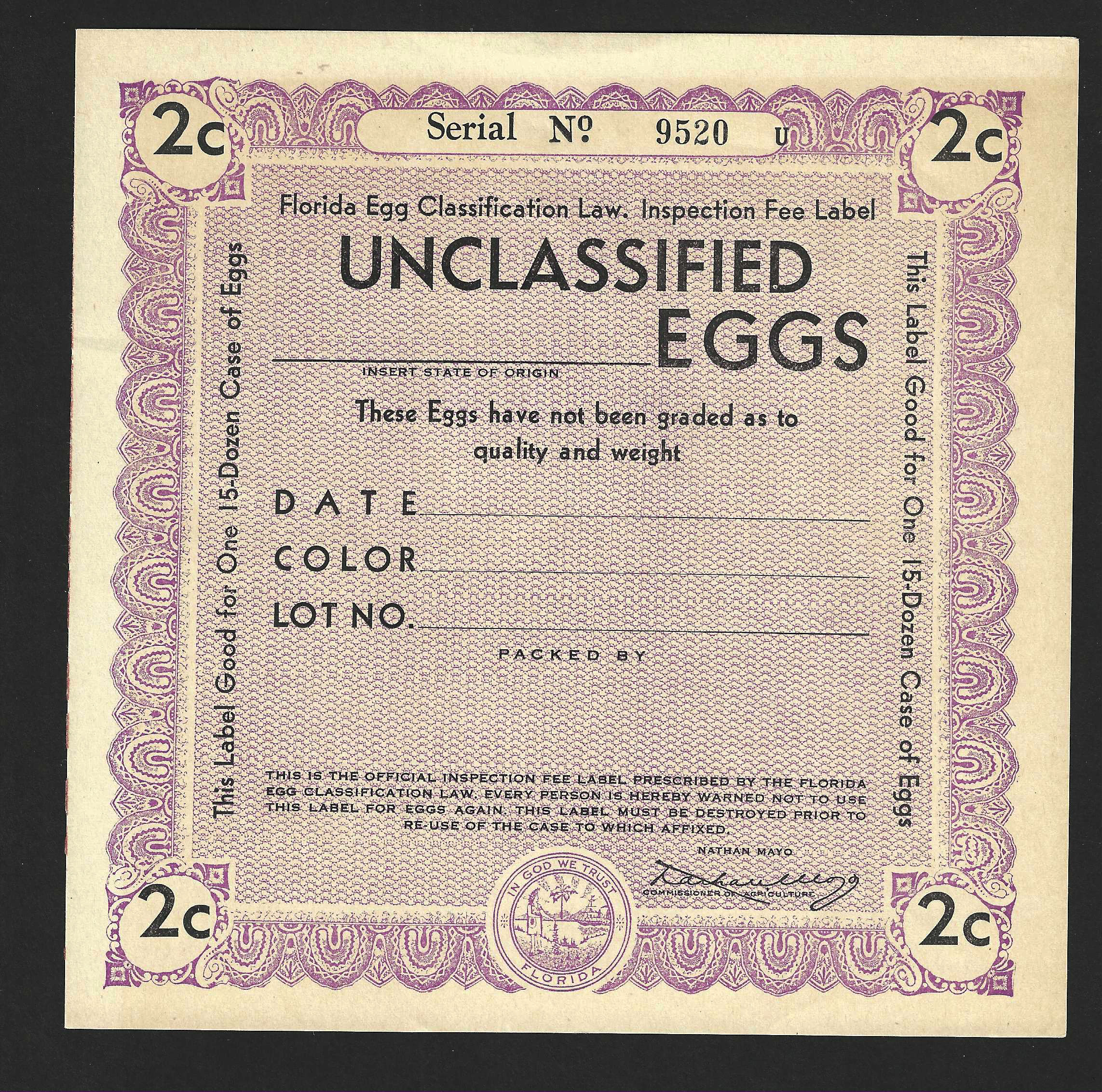 Fl egg case E89 2¢ Unclassified Eggs (U) lt purple MNH slight toning unpriced in catalog