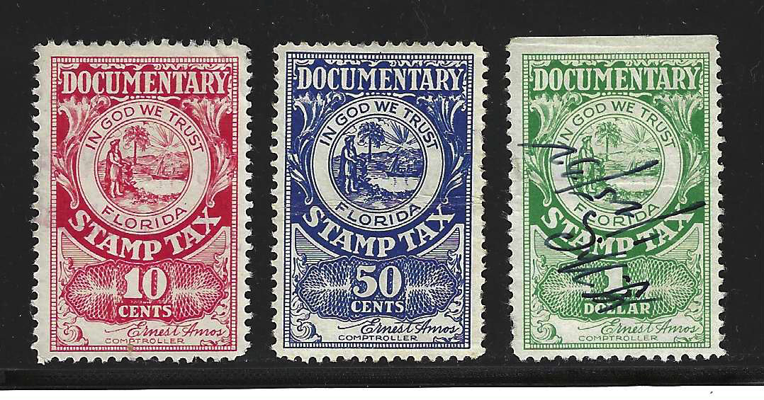 FL documentary stamp tax D1, D2, D3, 10¢, 50¢, $1.00 U VF w/ D5 w/ SE at T