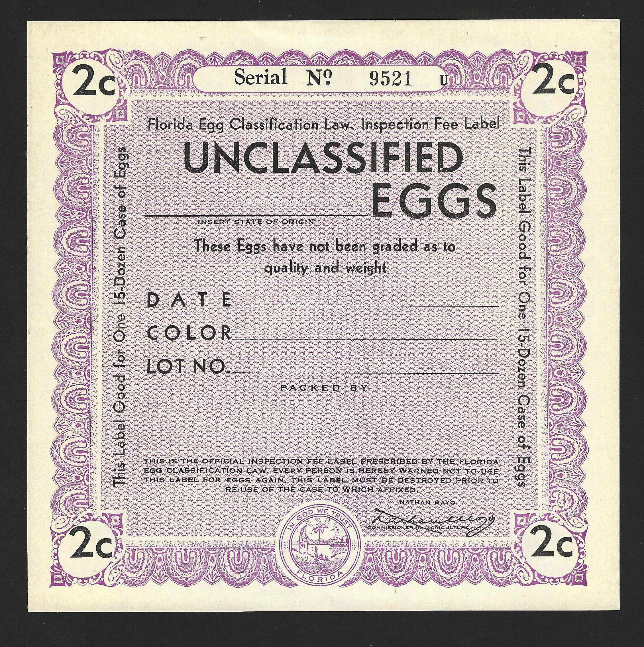 Fl egg case E89 2¢ Unclassified Eggs (U) lt purple MNH  VF unpriced in catalog