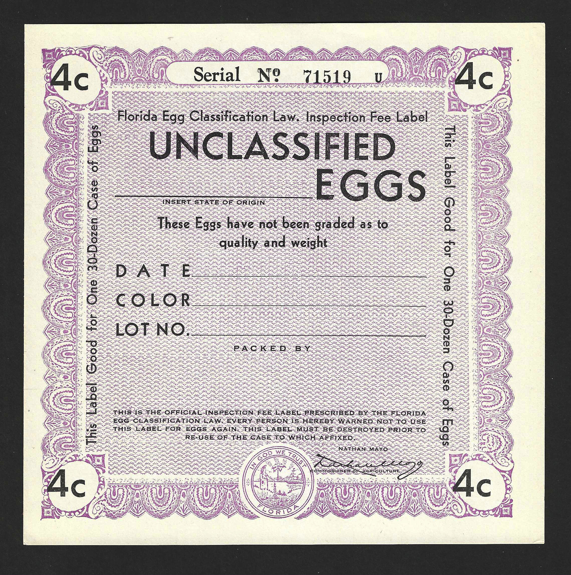 Fl egg case E90 4¢ Unclassified Egg (U) lt purple MNH VF unpriced in catalog
