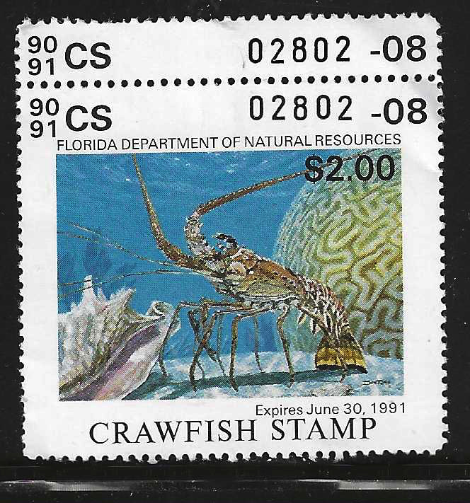 Fl crawfish stamp FL-CF2 1990-91 $2.00 multicolored U VF signed on back