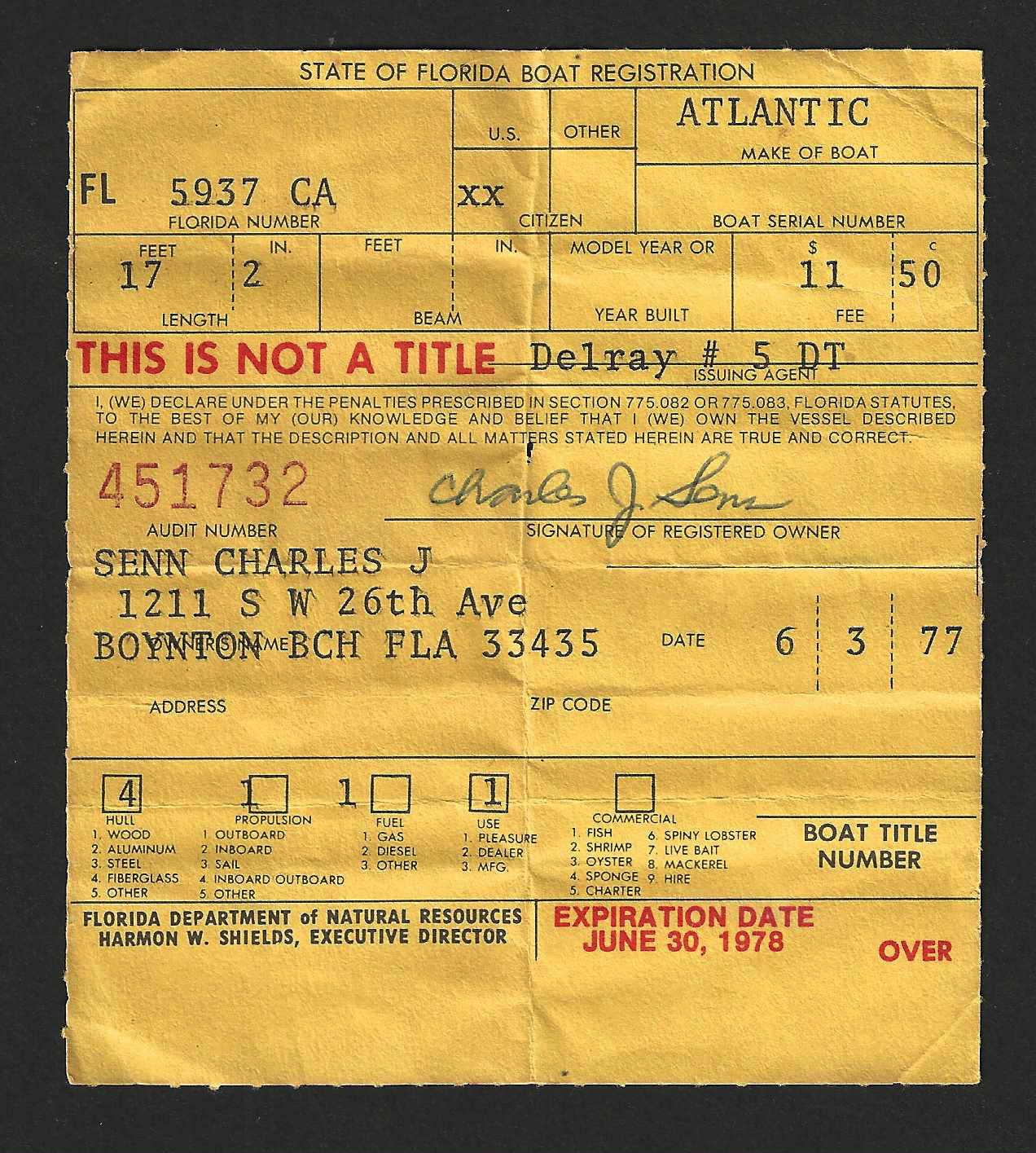 Fl boat registration form 1977-1978 heavly folded into quarters