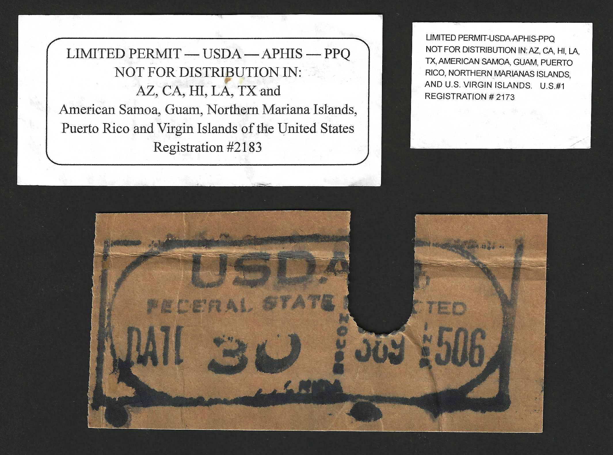 Fl citrus grower treatment labels (2 diff) & USDA/State handstamp
