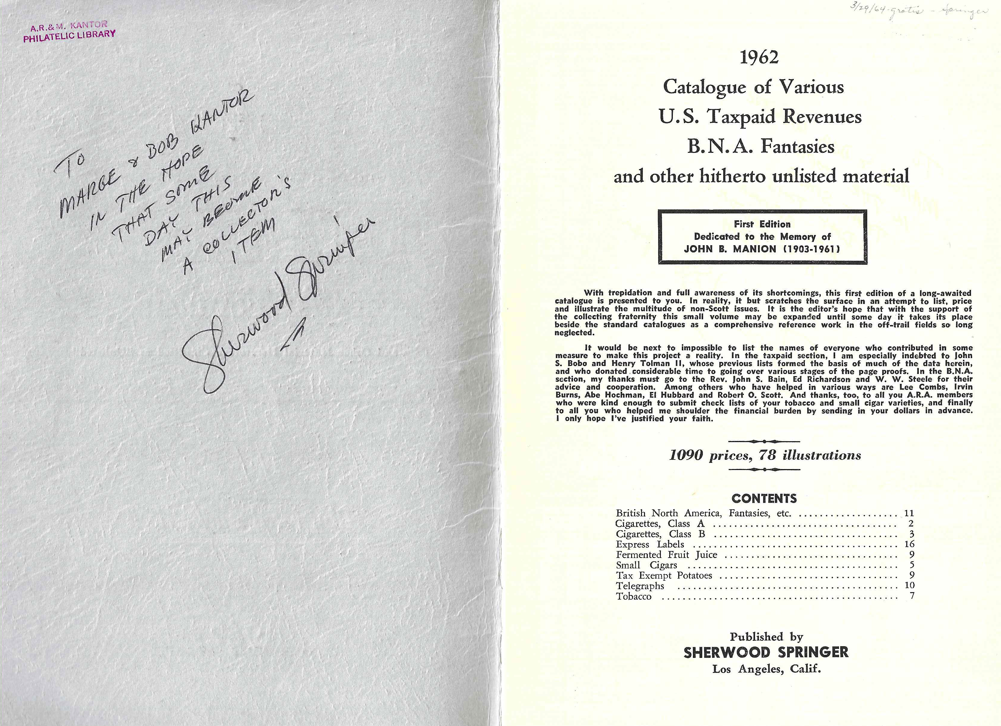 publication 1962 Springer's Catalog of Various U. S. Taxpaid Revenues authographed by author
