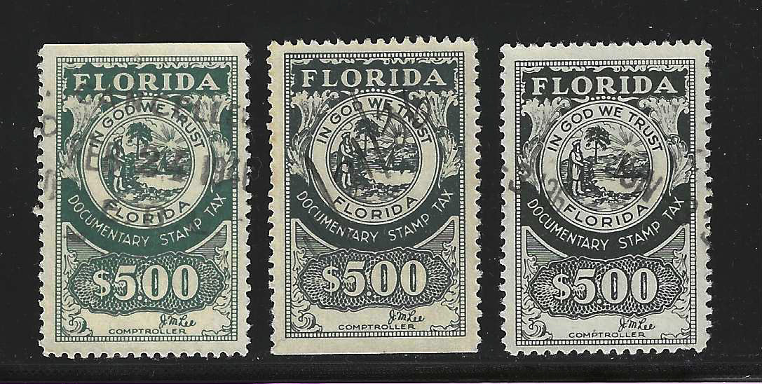 FL documentary Lee sig D19 $5.00 3 stamps w/ diff shades U VF 2 stamps w/ one SE