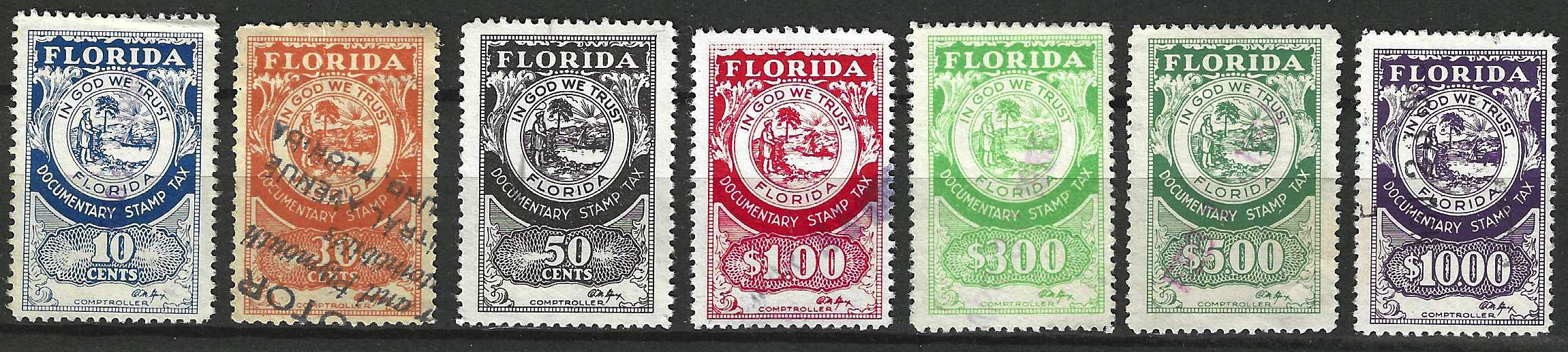 FL documentary Gay sig lot of 7 stamps D25-D31 10¢ - $10.00 U VF