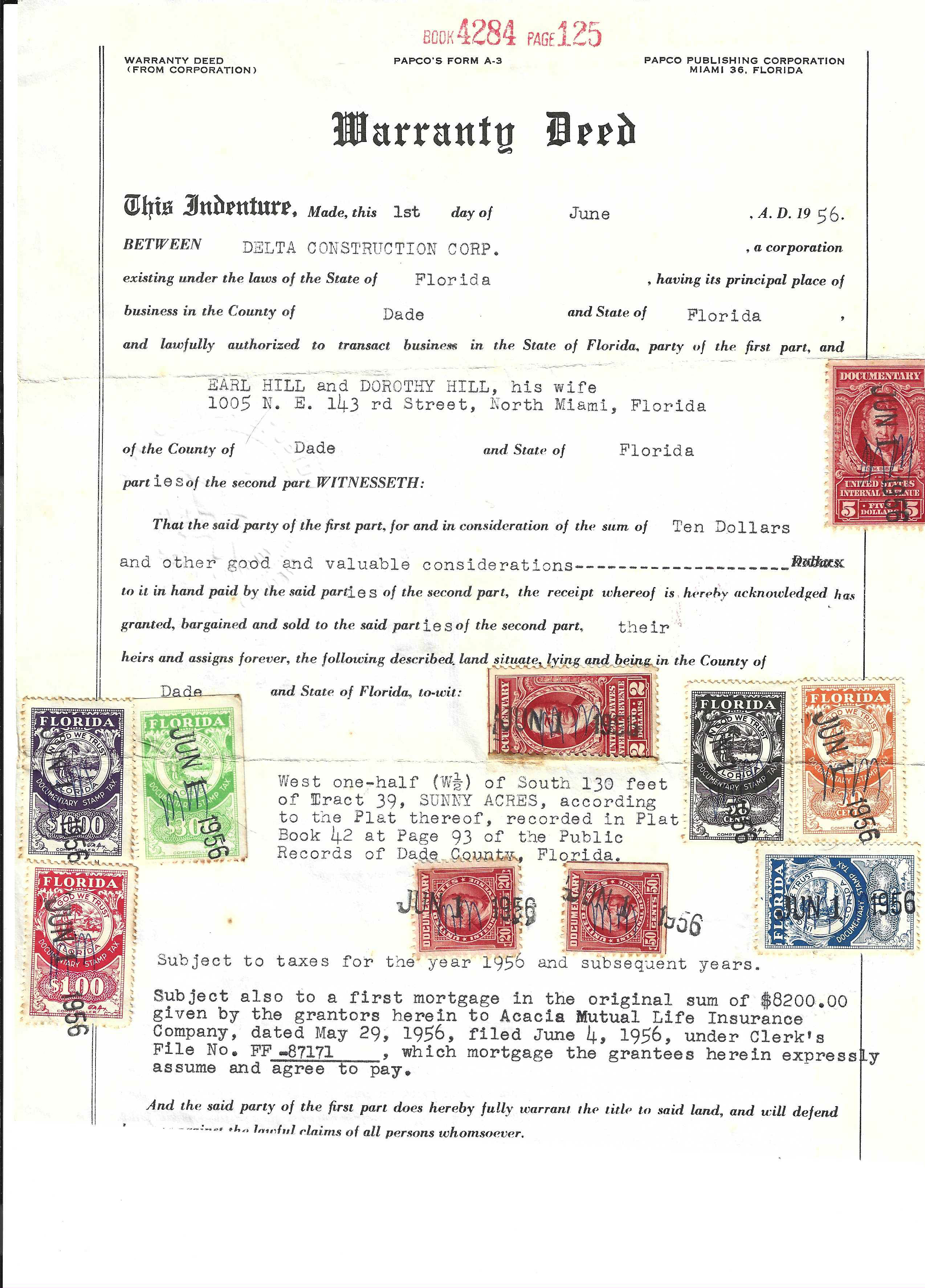 FL documentary Gay sig warranty deed w/ D25 10¢, D26 30¢, D27 50¢, D28 $1.00, D29 $3.00, D31 $10.00 plus 4 U.S.I.R. red deed tax stamps, Wrisley paid $60 for this doc