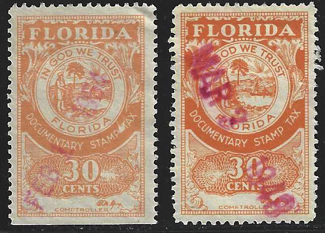 FL documentary Gay sig D26 30¢ 2 stamps of diff shades U VF