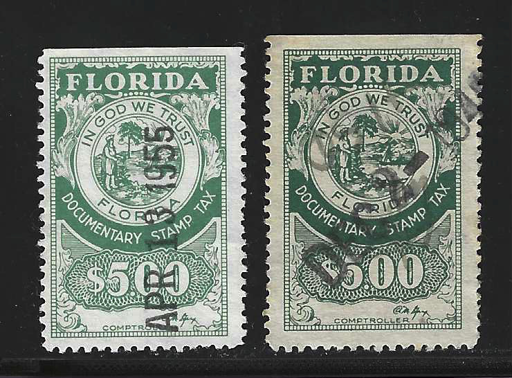 FL documentary Gay sig D30 $5.00 2 stamps of diff shades U Vf w/ both w/ SE at T