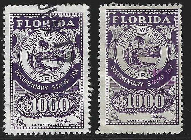 FL documentary Gay sig D31 $10.00 2 stamps of diff shades U VF