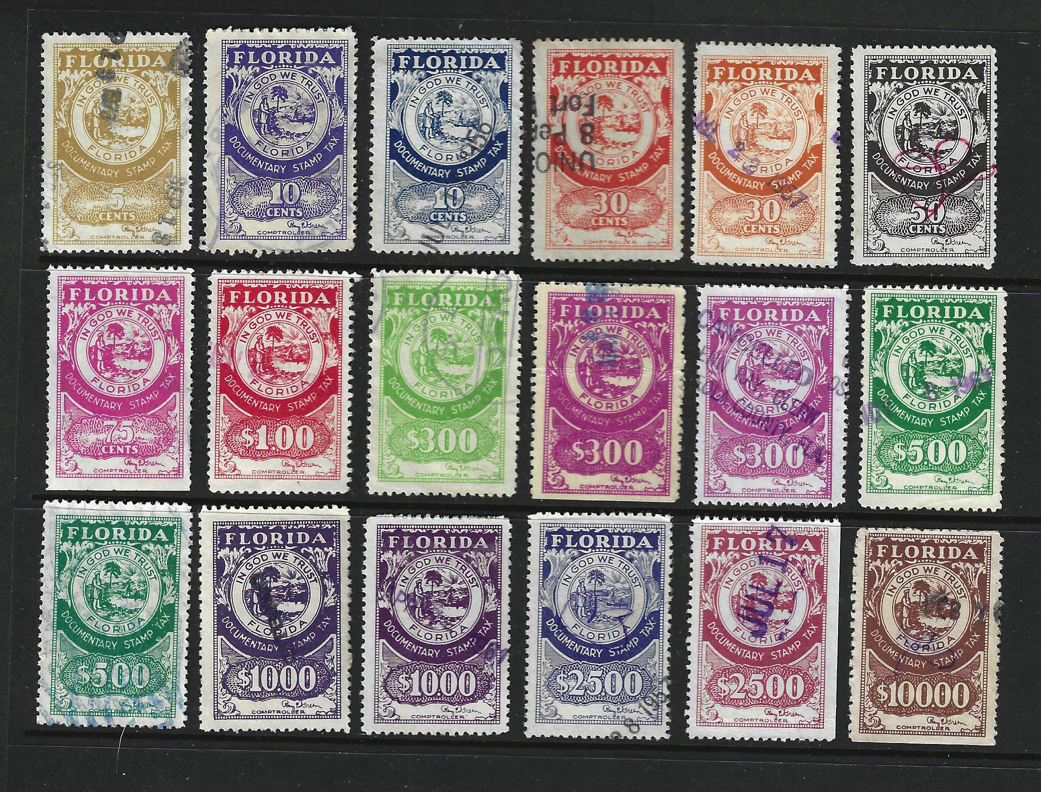 FL documentary Green sig 18 stamps between D35-D52a all U VF seral w/SE as seen in image