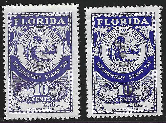 FL documentary Greed sig D36b 10¢ 2 stamps of diff shades U VF