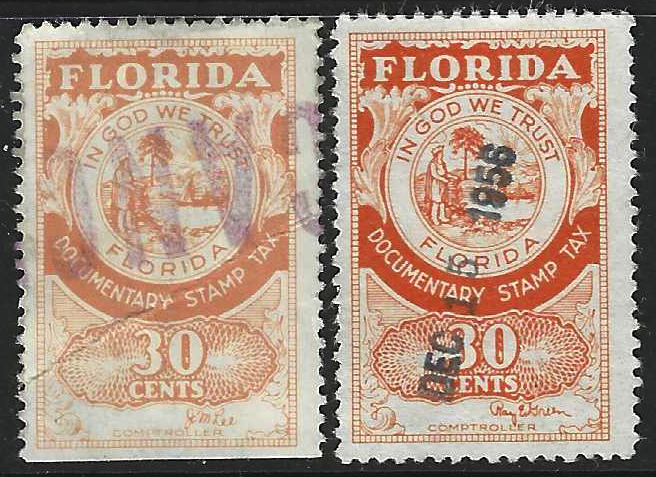 FL documentary Green sig D39 30¢ 2 stamps of diff shades U VF I stamp w/ SE at B