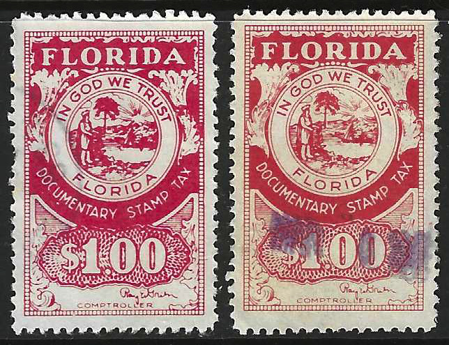 FL documentary Green sig D42 $1.00 2 stamps of diff shades U VF